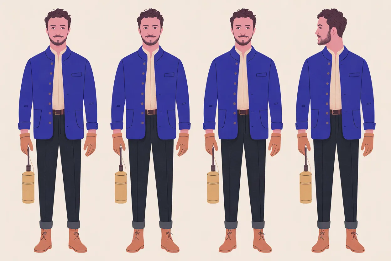 The Funicular Operator character sheet on a warm cream background: four full-body standing views of a man with curly brown hair and a short beard, in an indigo stand-collar jacket over a cream shirt, rolled dark trousers, tan leather gloves and brown boots, holding a long-spouted brass oil can at his side. Three views face the viewer with the same calm closed-mouth expression; in the fourth his head is turned in profile to the left.