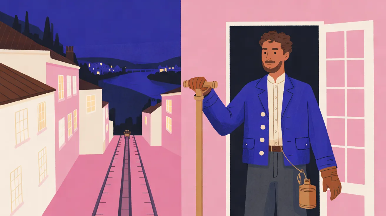 The Funicular Operator, a man with curly brown hair, a mustache and a short beard, in an indigo jacket over a cream shirt and brown leather gloves, stands at the right in the doorway of a pink building with an open glass door, one hand resting on a tall brass lever and a small brass oil can hanging from his belt. To the left a straight funicular track runs down a steep street between pink and cream houses with lit windows to a small car near the bottom. Beyond it a river winds past a lit town under a deep indigo sky.